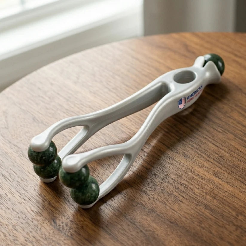 Close-up of the blade meeting a tablet in the bed
