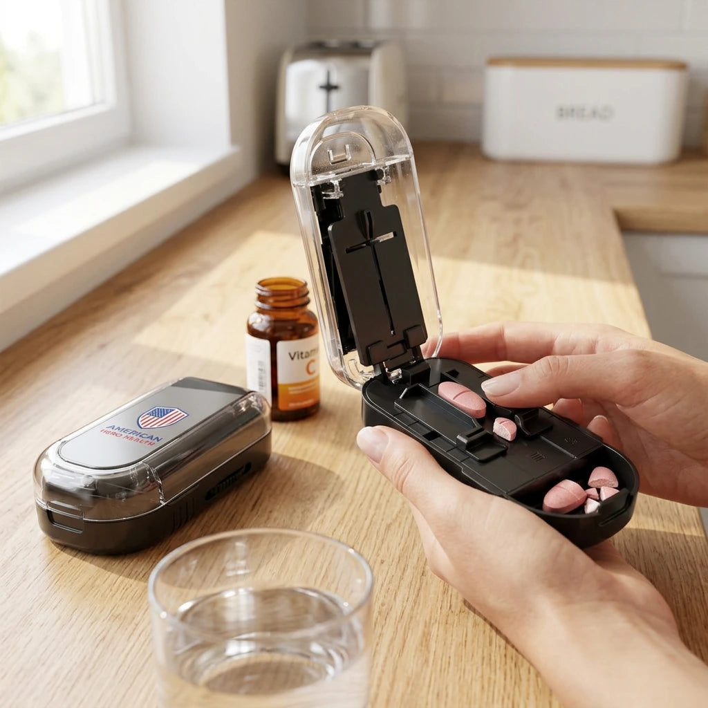 Close-up of the blade meeting a tablet in the bed